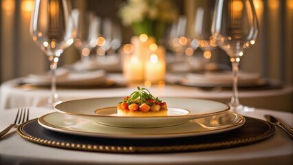 Elegantly set dining table with a gourmet dish and wine glasses, illuminated by soft candlelight, creating a warm, inviting atmosphere.