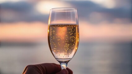 A hand holds a sparkling glass of champagne against a soft sunset backdrop, evoking celebration and elegance.