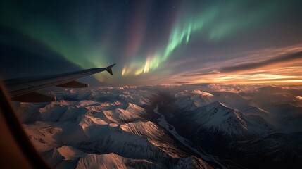 Aurora flight: Breathtaking view of the Aurora Borealis from an airplane window over snowy mountain peaks at dusk creating surreal and colorful sky.