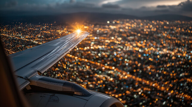 A Night Flight Over City Lights: An awe-inspiring, high-angle view from an aircraft window captures a sprawling cityscape illuminated at night, with bright points of light creating a vibrant.