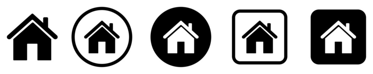 Collection of simple home icons in various style. Solid, outline, circle, and square formats. Ideal for UI, web apps, real estate, and mobile navigation design elements. Isolated vector illustration.