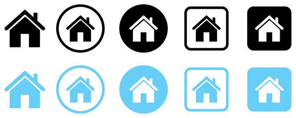 Collection of modern home icons in black and blue colors, displayed in various shapes including circle and square. Perfect for websites, apps, UI design, real estate, and navigation tools.