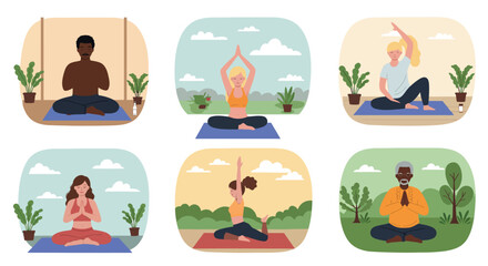 Diverse yoga poses vector illustration for wellness and meditation design