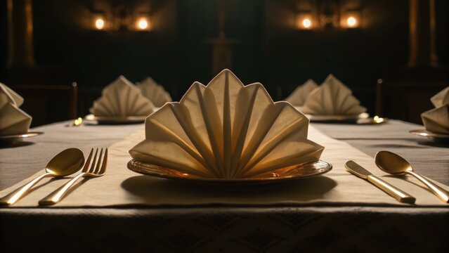 Elegant dining setup featuring folded napkins and silverware, set in a dimly lit room for an intimate meal.