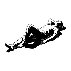 Minimalist black and white illustration of a man lying on the floor and relaxing