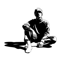 Minimalist black and white illustration of a man sitting on the floor