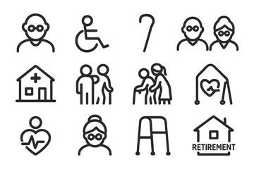 Elderly care vector illustration set for healthcare and retirement design in line art style