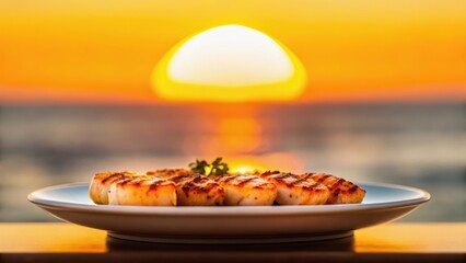 Delicious dish served against a stunning sunset backdrop, emphasizing a warm, inviting atmosphere.