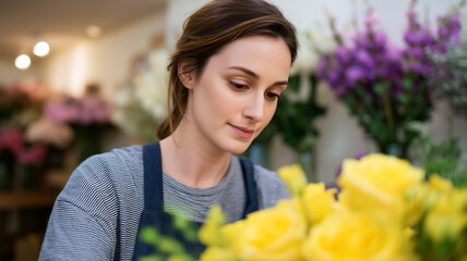 Young woman florist arranging yellow roses in flower shop, focused and calm, surrounded by colorful floral arrangements