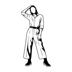 Minimalist black and white illustration of a woman standing and touching her head