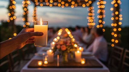 A hand holds a glass of drink, illuminated by soft lights at a festive outdoor table setting with blurred guests in the background.