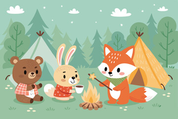 Vector illustration of adorable cartoon forest animals camping bears, foxes, rabbits, camping gear, trees, happy, campfire, stars.