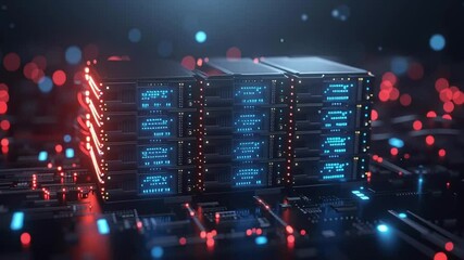 IT infrastructure concept with glowing server racks and fiber optic cables, dark environment - Powered by Adobe