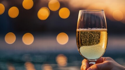 A hand holds a sparkling glass of champagne against a blurred background of warm bokeh lights during sunset.