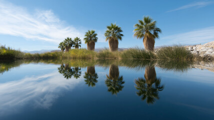 Desert oasis with palm tree, blue sky, water reflection, grass, tranquil, nature, landscape