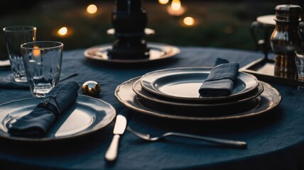A beautifully set dining table with elegant plates, glassware, and candlelight, creating an inviting atmosphere for a meal.