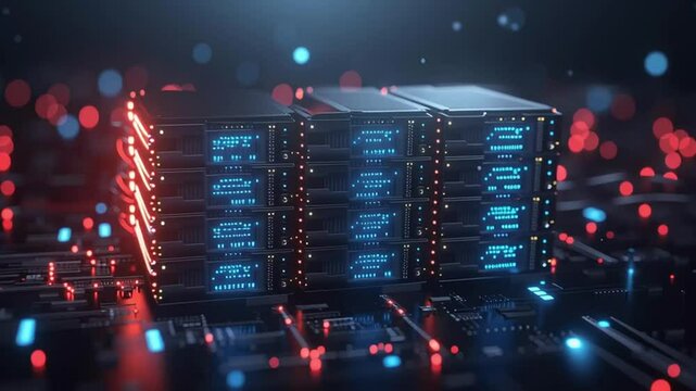 IT infrastructure concept with glowing server racks and fiber optic cables, dark environment