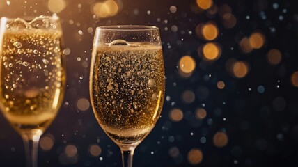 Two sparkling glasses filled with bubbly drink, surrounded by soft golden lights in a festive atmosphere.