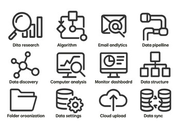 Data analysis and management icons vector illustration for digital solutions and technology tools