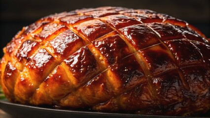Succulent glazed roast with a crispy exterior, beautifully presented on a platter, perfect for festive meals or special occasions.
