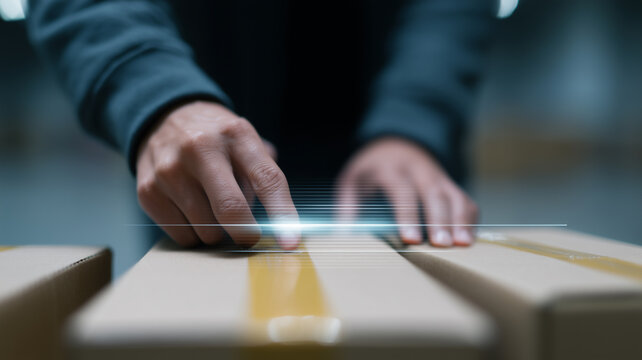 Hand scanning barcode on cardboard box in warehouse, digital inventory management, technology, logistics, efficiency - Powered by Adobe