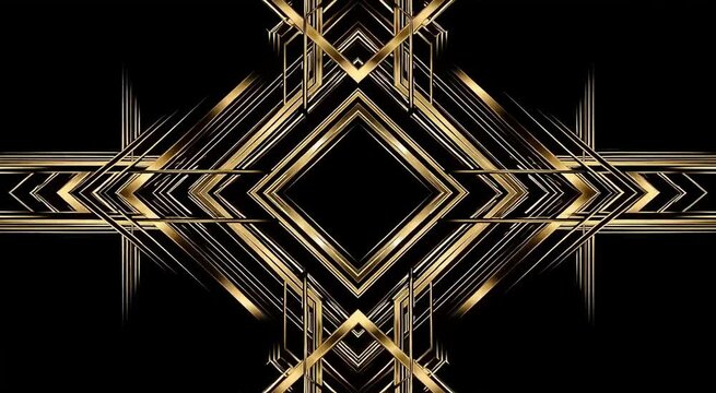 An art deco background features a geometric gold pattern on a black backdrop