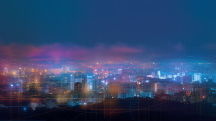 Obraz premium Night cityscape, illuminated skyline, modern architecture, net zero energy, digital overlay, urban, vibrant