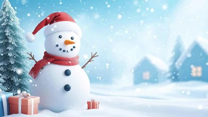 Cheerful snowman with gifts in a snowy winter landscape - Powered by Adobe
