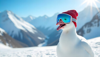 a, ptarmigan, white, with, snowboard, ski, goggles, sunglasses, copy space, on, snow, mountains, background, apres, winter, snowman, bird, snowboarding, vacation, skiing, holiday, campaign, flyer, ad
