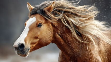 Obraz premium A close-up of a brown horse with a flowing mane blowing in the wind, showcasing the animal's strength and beauty.