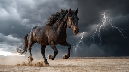 A powerful black horse gallops across a barren landscape under dark storm clouds with striking lightning illuminating the sky.