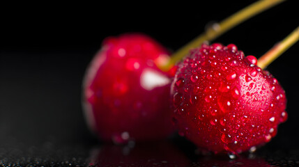 Juicy ripe cherry with water droplets, vibrant red on dark, fresh organic texture - nature's sweet perfection