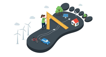 Eco-friendly journey vector illustration: sustainable living and renewable energy concept in isometric style