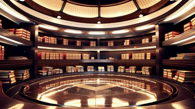 Futuristic library interior with circular design, illuminated shelves filled with books, reflective floors, and modern high tech architecture creating sleek, secure archive environment