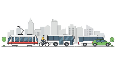 Urban transportation vector illustration: cityscape with tram, bus, bicycle, and car