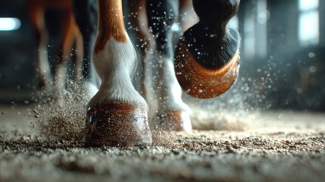 Close-up of a horse"s hooves kicking up dirt in a stable, capturing motion and texture with light and dust particles in the air. - Powered by Adobe