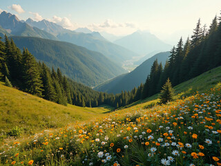 "A wide highland valley split into two terrains &mdash; one side with a flower-filled meadow, the other with a dark green pine forest, distant ridgeline framing the background, warm afternoon