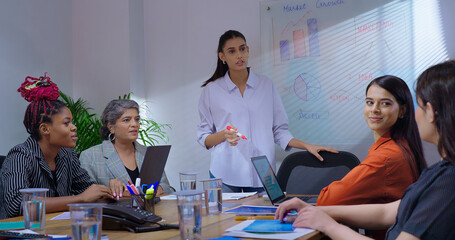 Indian young female old boss lady team leader show chart white board learn study graph data growth work place adult girl talk speak share stock trade idea plan staff group job office day