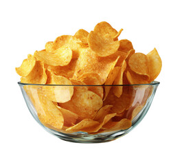 A heap of golden, crispy potato chips in a white bowl, ready for a tasty and salty snack