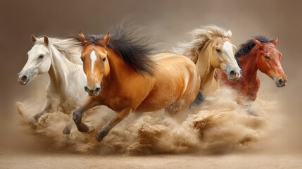 Obraz premium Four horses galloping powerfully through dusty terrain, showcasing energy and movement in a natural setting.