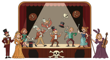 Vintage theater performance with costumed characters and comedic elements vector illustration