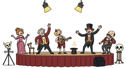 Vintage circus performance vector illustration: entertainers and musicians on stage for theater poster design