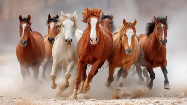 Seven horses with varying coat colors run powerfully towards the camera through a dusty, barren landscape.