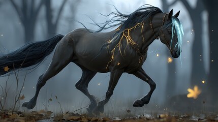 Fototapeta premium A majestic black horse with glowing golden cracks and blue highlights trots gracefully through a misty, eerie forest.