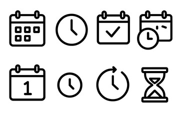 Black and white line vector illustration of calendar and time icons for scheduling and planning