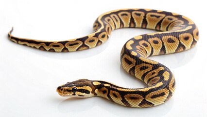 Fototapeta premium A classic ball python, with its iconic brown and black patterns, gracefully uncoiled on a pristine white background. Perfect for themes of exotic pets, reptiles, or animal beauty.