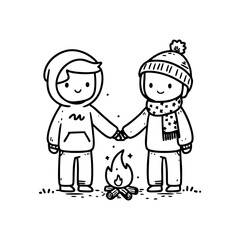 Cartoon doodle of young couple camping around campfire in cozy winter clothes for travel blog, hiking club, or outdoor education material on transparent background in monochrome line style