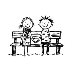 Caucasian couple holding hands on park bench in cozy clothes, hand drawn in sketchy doodle ink style on transparent background, for autumn love themes or greeting cards.