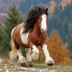 Obraz premium A majestic brown and white horse with a flowing black mane gallops energetically on a rocky path amid an autumn forest backdrop.