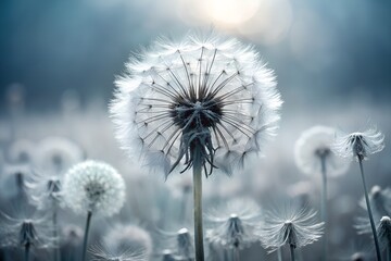 Obraz premium A delicate dandelion seed head glows softly in a field of similar flowers
